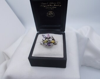 DBJ sterling silver with gold wash gemstone ring, dainty ring with amethyst, peridot & garnet gemstones, size 7