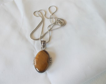 Sterling silver & brown agate stone pendant necklace, vintage, fine chain, large oval sterling and agate stone pendant