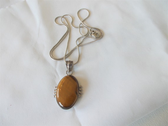 Sterling silver & brown agate stone pendant neckl… - image 1