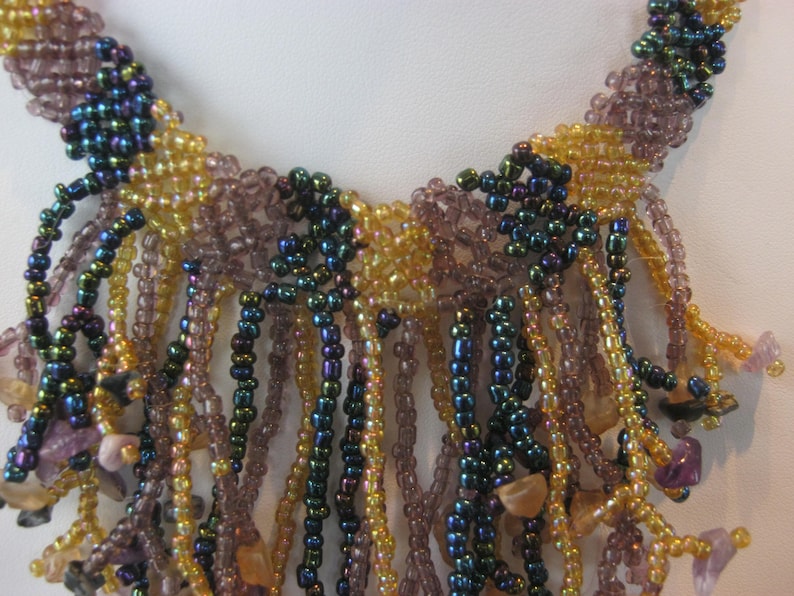 mauve yellow Seed bead vintage bib collar necklace bib necklace green seeds /& beads lilac teal