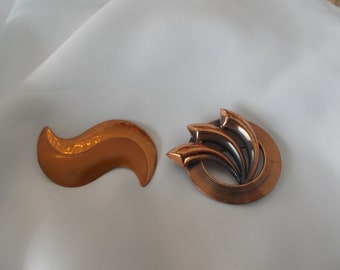 Vintage copper brooches, 2 copper pins, handmade modernistic Moda copper brooch, 1 circular pin