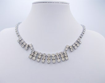 Vintage rhinestone choker necklace, silver tone & clear rhinestone choker, single strand necklace