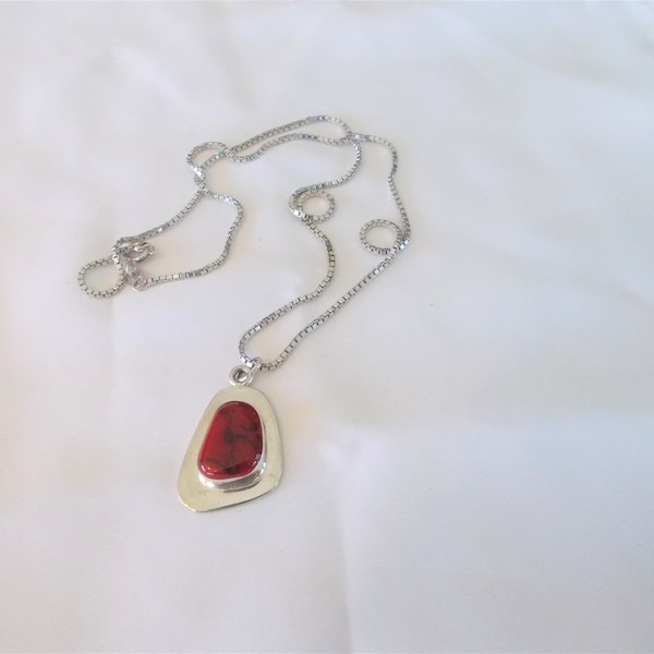 PAJ Italy sterling silver pendant necklace, fine sterling chain, red jasper stone pendant, silver necklace