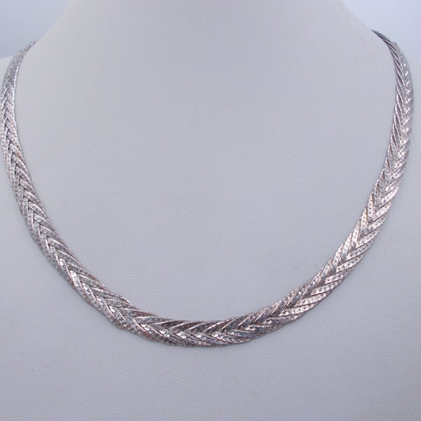 Sterling silver vintage flat herringbone necklace, braided sterling 19" chain necklace, Mexico