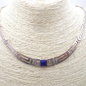 Halsband i sterlingsilver med grekisk nyckel, lapis lazuli-ädelsten, sterlingsilverhalsband 40 cm långt