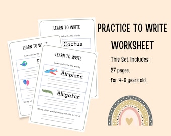 27 pages Words Handwriting Practice Worksheets Homeschool Workbook for toddler Instant Download Digital Printable