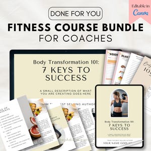 May include: A fitness course bundle for coaches, featuring a tablet and several printed guides. The tablet displays "Body Transformation 101: 7 Keys to Success." The guides include "Weight Plan" and "Body Transformation Journal."