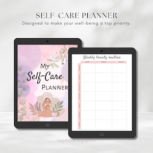 May include: A digital planner with a pink and purple background featuring a woman with a towel on her head. The text "My Self-Care Planner" is on the cover. The second page is a weekly beauty routine planner with columns for face, body, and hair.