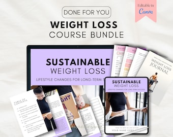 Op de afbeelding: Een cursusbundel voor gewichtsverlies met de tekst "Weight Loss Course Bundle" en "Sustainable Weight Loss". De bundel bevat een tablet, tijdschriften en receptkaarten. De afbeelding bevat ook de tekst "Lifestyle Changes for Long-Term Success".