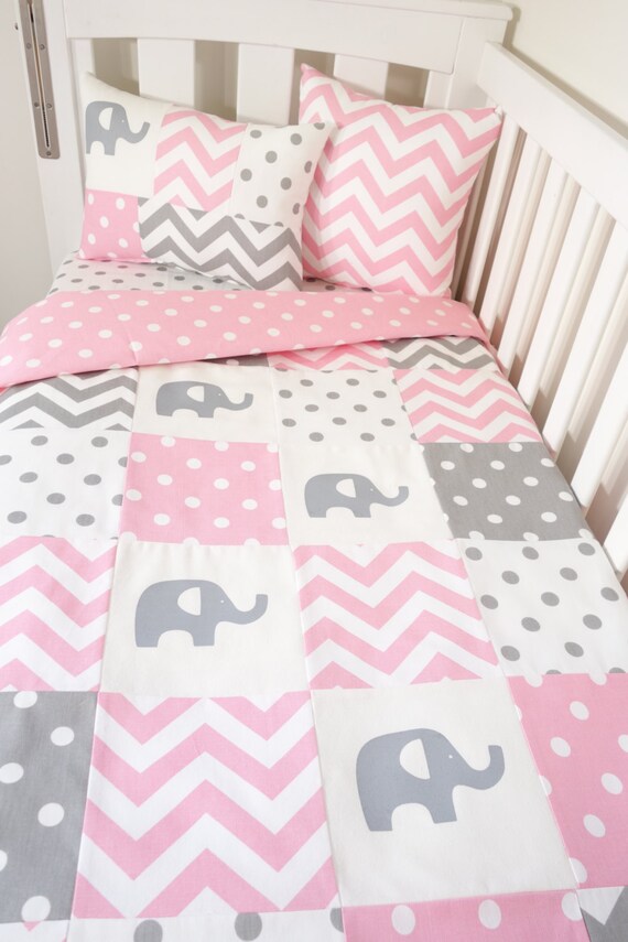 pink and grey elephant nursery bedding