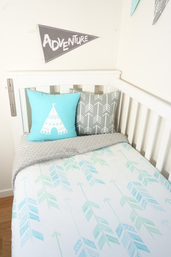 Mint Blue Green Aqua Arrows And Grey Minky Nursery Set Items