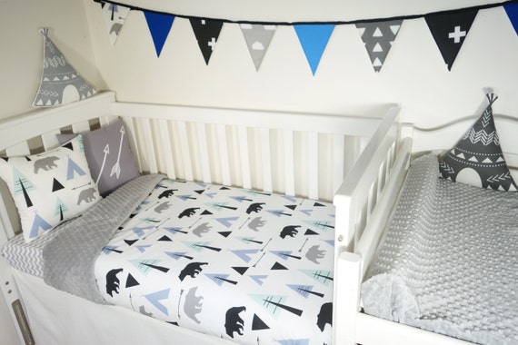 Mint Blue And Black Bear Teepee Forest Nursery Items Grey Minky Quilt Backing