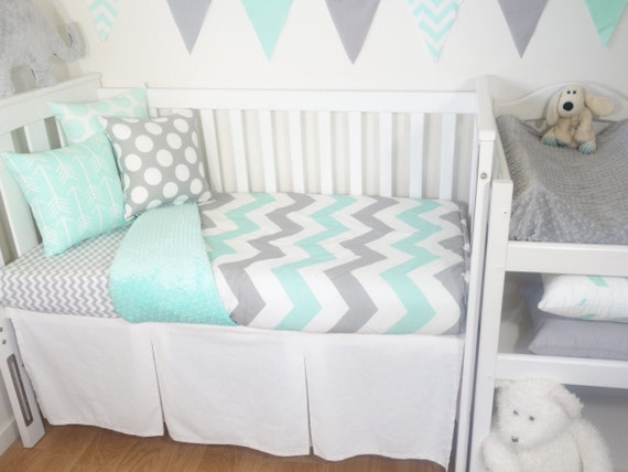 Jumbo Mint Grey White Chevron With Mint Minky Nursery Set