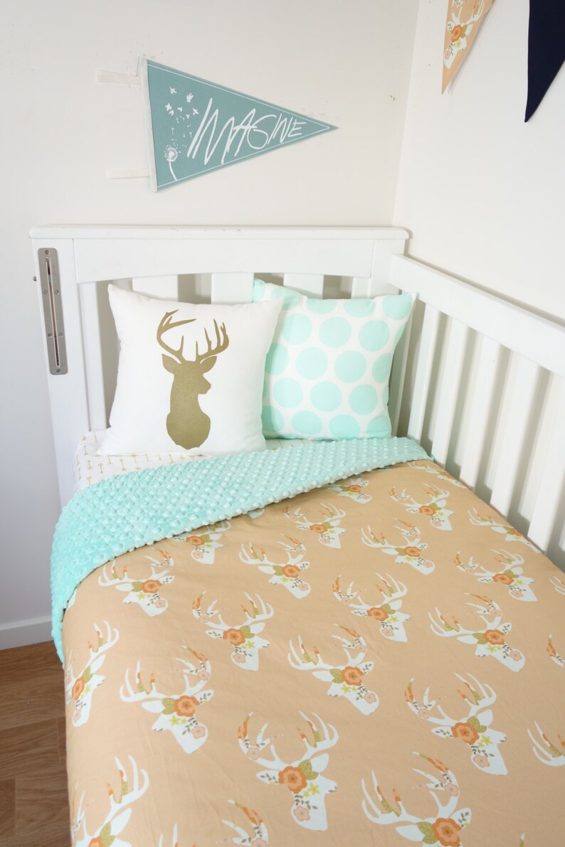 Peach floral deer head and mint minky nursery set items