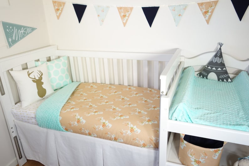 Peach floral deer head and mint minky nursery set items