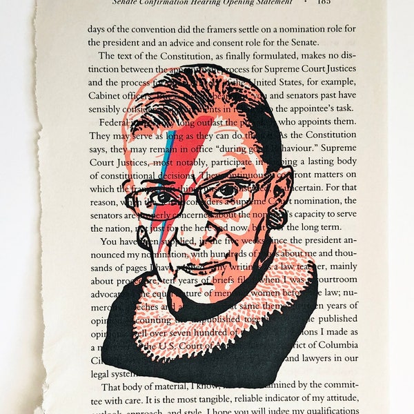 RBG, Notorious RBG, Ruth Bader Ginsburg,  Ziggy Stardust,  David Bowie, Supreme Court, celebrity portrait, fan art, RBG, library book page