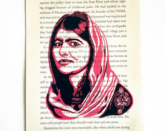 Malala,  Malala Yousafzai, Role Model,  Book Print, celebrity portrait, fan art, Shero, library book page, Woman Leader, art print