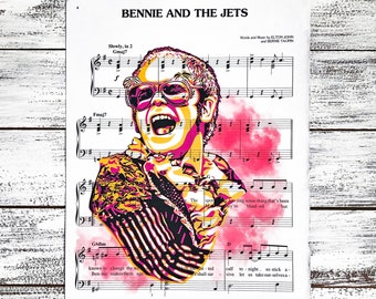 Elton John, Bennie and the Jets, Young Elton John Portrait, Sheet Music Print, Music Decor, Fan art, Upcylced Art, Rockstar Print, Pop Music