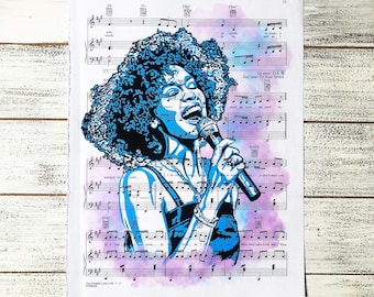 Whitney Houston, Fan Art, Diva, Sheet Music Print, Music Decor, Fan art, Whitney Portrait, Whitney music, Upcylced Art, Music Print