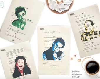 Seinfeld TV Show, Cast Portrait, Script Prints, Jerry Seinfeld, Elaine Benes, George Costanza, Kramer