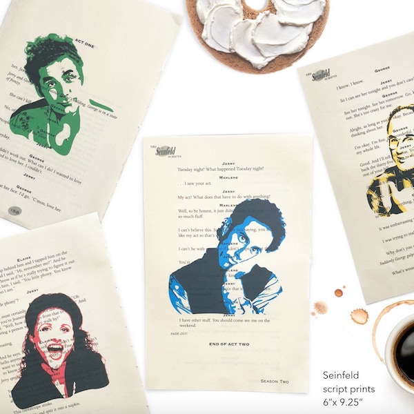 Seinfeld TV Show, Cast Portrait, Script Prints, Jerry Seinfeld, Elaine Benes, George Costanza, Kramer