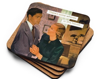 Whores in this House, Single Coaster, WAP, WAP Coaster, Vintage ads, Cardi B, 1950s Housewife, Funny Coaster, Cork-back coaster