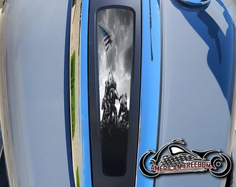 May include: A black and white image of soldiers raising the American flag on Iwo Jima is printed on a motorcycle gas tank. The image is framed by a black border and the words "Road Guide" are printed above the image. The words "AMERICAN FREEDOM" are printed below the image.