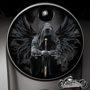 May include: A black and white digital illustration of a hooded figure with wings holding a sword. The figure is standing in front of a black background with a white moon.