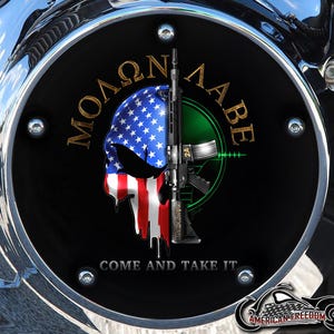 Harley Davidson Custom Made Derby Cover oder Timing Cover (Ihre Wahl) Big Twin, Twin Cam Milwaukee 8 & Sportster - Molon Labe Rifle