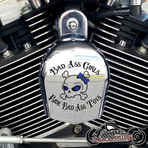 Harley Davidson CHROME Custom Made Horn Cover - Bad Girls Ride Bad Toys Blue