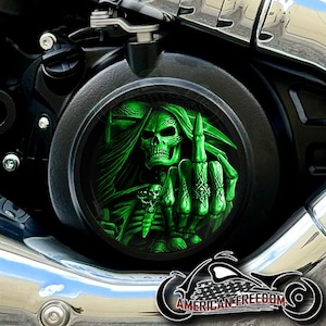 2025+ Indian Motorcycles Scout Custom Derby Cover - Middle Finger Reaper Green