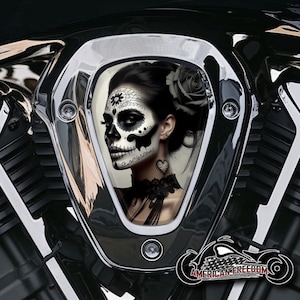 Könnte beinhalten: Ein schwarzer und weißer Totenkopf mit floralen Mustern ist auf einer Motorrad-Lufteinlassabdeckung abgebildet. Der Totenkopf hat ein Zucker-Schädel-Design mit schwarzen und weißen Details. Die Abdeckung ist aus Chrom und hat einen schwarzen Hintergrund.