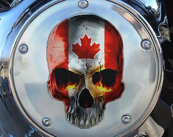 Coperchio del deragliatore cromato su misura per Harley Davidson (Twin Cam, Big Twin, Sportster, Touring e Softail) - Teschio canadese screpolato