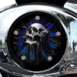 Harley Davidson Custom Made V Twin Cam Air Cleaner Insert & Mounting Kit - Blue Skull Clock