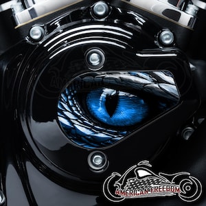 May include: A black motorcycle engine cover with a blue eye graphic and a snake skin pattern. The cover has the text "AMERICAN FREEDOM" on it.