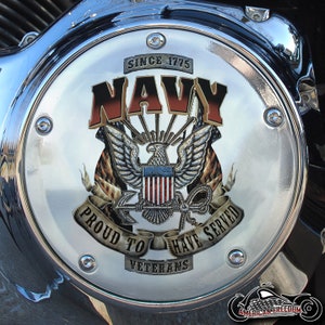 Harley Davidson CHROME Custom Made Derby Cover (Twin Cam & Touring, Milwaukee 8 Models) - Proud Navy Chrome