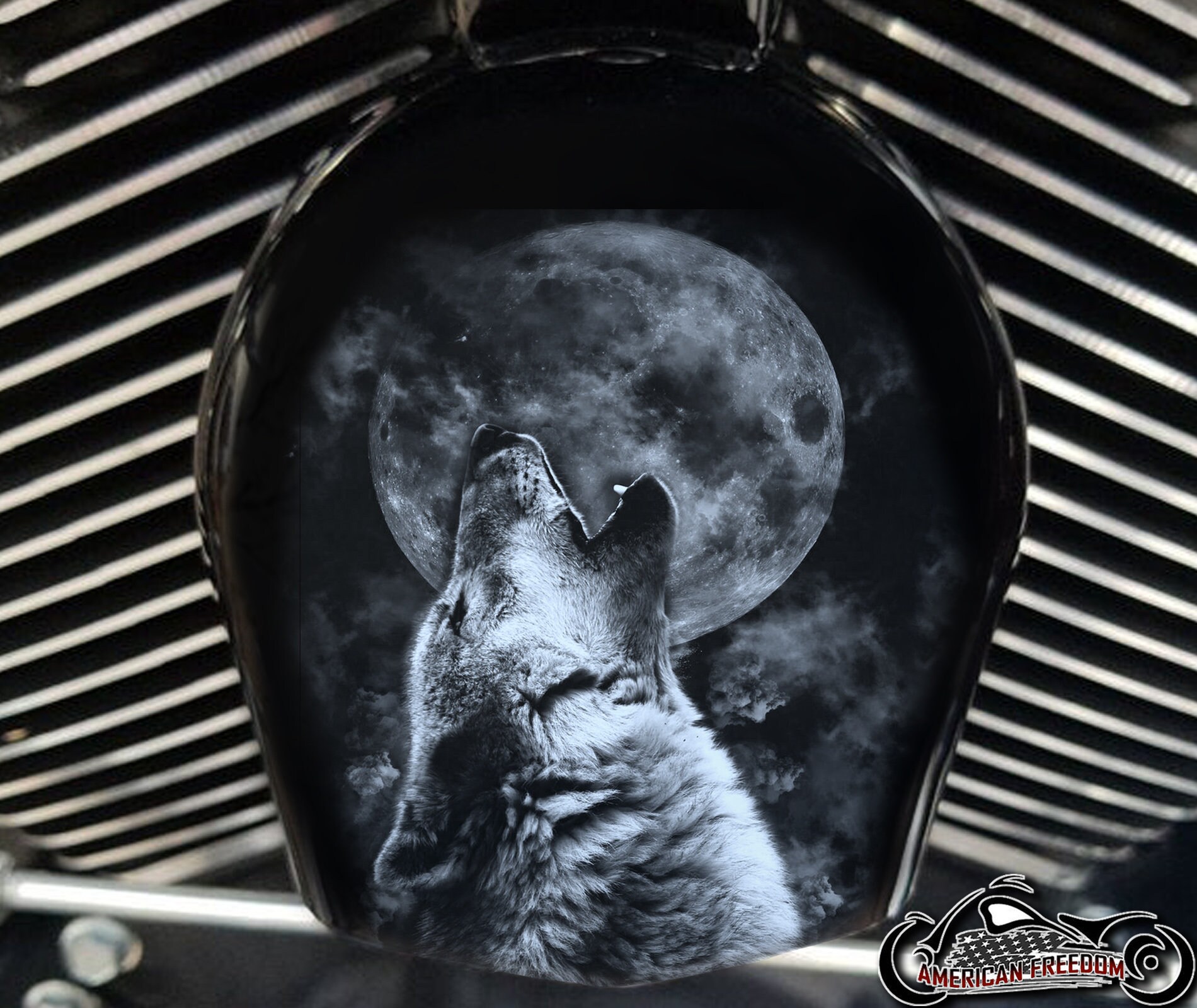 Fits Harley Davidson Custom Made COWBELL HORN COVER- for Big Twin, Twin Cam, Milwaukee Eight, Sportster....Wolf & Moon