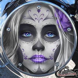 Harley Davidson Custom Derby Cover or Timing cover (Your choice) Big Twin, Twin Cam, M8, Sportster Day Of Dead Sugar skull Purple