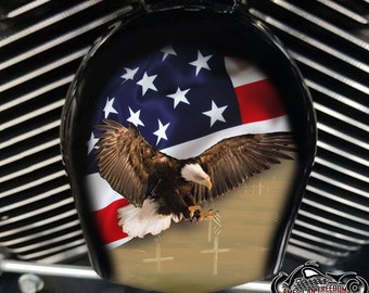 Harley Davidson Custom Made COWBELL HORN COVER- for Big Twin, Twin Cam, Milwaukee Eight, Sportster.... Military - Eagle Flag Crosses