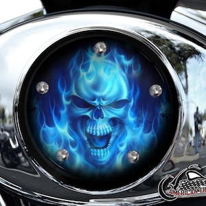 Harley Davidson Custom Made V Twin Cam Air Cleaner Insert & Mounting Kit - Blue Flame Skull