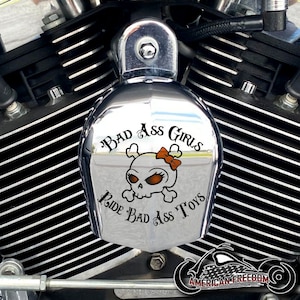 Harley Davidson CHROME Custom Made Horn Cover - Bad Girls Ride Bad Toys Orange