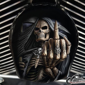 Harley Davidson Custom Made COWBELL HORN COVER- for Big Twin, Twin Cam, Milwaukee Eight, Sportster....Reaper Middle Finger