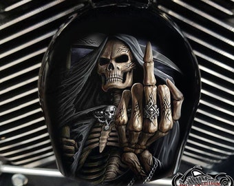 Harley Davidson Custom Made COWBELL HORN COVER- for Big Twin, Twin Cam, Milwaukee Eight, Sportster....Reaper Middle Finger