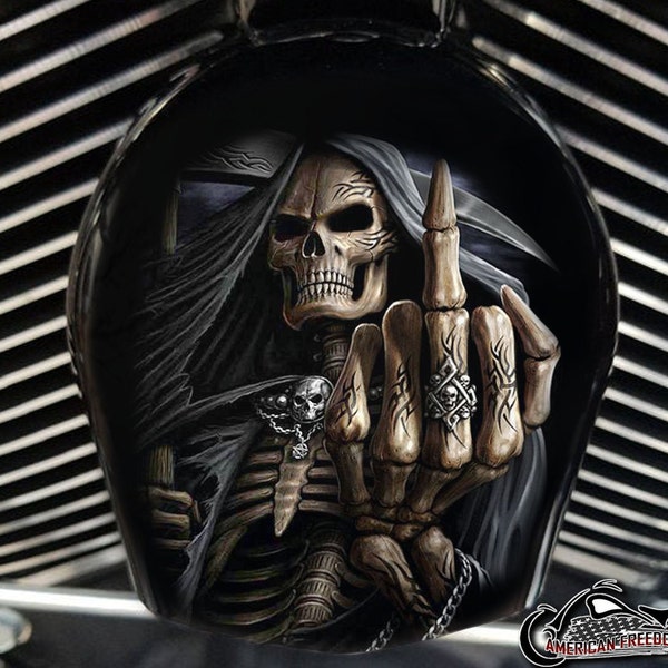 Harley Davidson Custom Made COWBELL HORN COVER- for Big Twin, Twin Cam, Milwaukee Eight, Sportster....Reaper Middle Finger