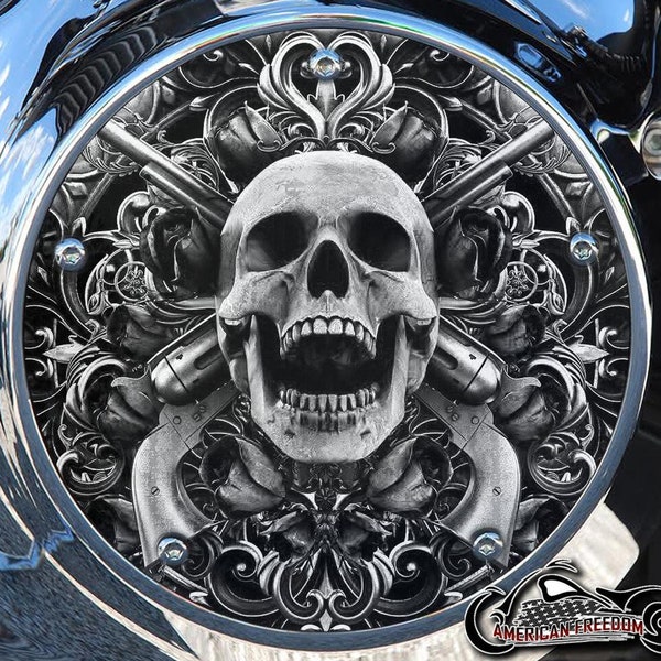 Harley Davidson Custom Made Derby Cover or Timing cover (Your choice) Big Twin, Twin Cam, Milwaukee 8 & Sportster - Grayscale Skull Guns