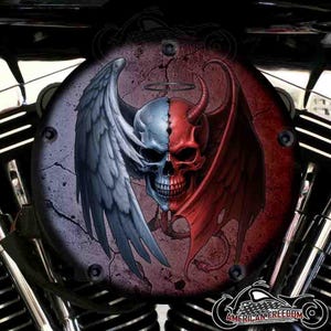 Harley Davidson Custom High Flow Round Luftfilterdeckel & Montageset - Angel Devil Skull