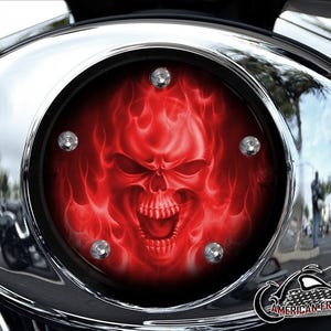 Harley Davidson Custom Made V Twin Cam Air Cleaner Insert & Mounting Kit - Red Flame Skull