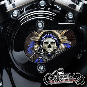 Harley Davidson 2024+ Timing Cover Medallion Insert - For Road Glide & Street Glide, CVO - Indian Motor Skull Blue