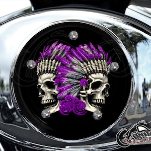 Harley Davidson Custom Made V Twin Cam Air Cleaner Insert & Mounting Kit - Purple Roses Indian Skulls