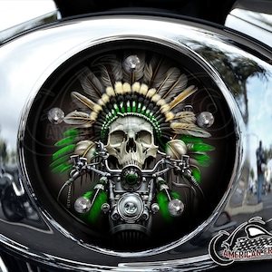 Harley Davidson Custom Made V Twin Cam Air Cleaner Insert & Mounting Kit - Green Indian Motor Skull